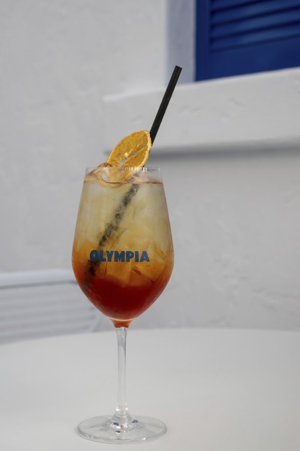 The Mt Olympus cocktail with gin, honey, grenadine and Greek mountain tea syrup.