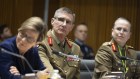 Frontbencher Jenny McAllister, Chief of the Defence Force General Angus Campbell, and Lieutenant General Natasha Fox, Chief of Personnel, during a Senate estimates hearing at Parliament House in Canberra on Wednesday.