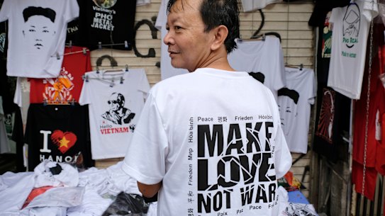 Hanoi T-shirt maker Duc Truong Thanh models his favourite Donald Trump and Kim Jong un creation.