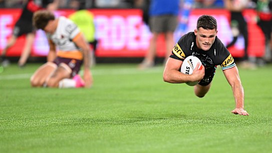 Nathan Cleary leaves Reece Walsh in the dust to score the match-winner for Penrith.