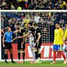 Referee Tori Penso awards a penalty for Colombia against the Socceroos.