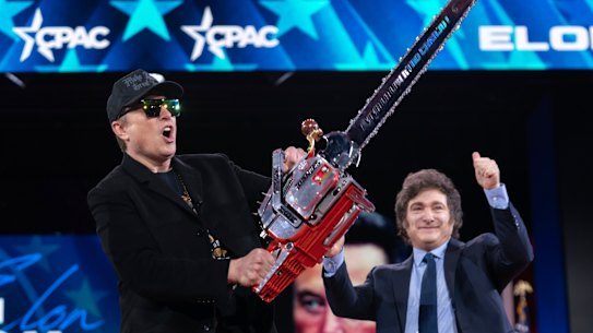 Elon Musk received a chainsaw from Argentina’s President Javier Milei at the CPAC conference outside Washington DC.