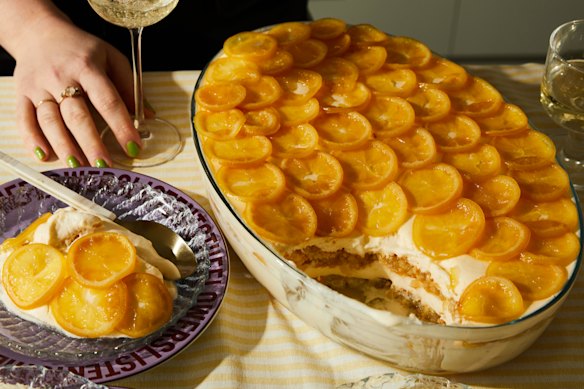 This stunning limoncello tiramisu is crowned with slices of handmade candied lemon.