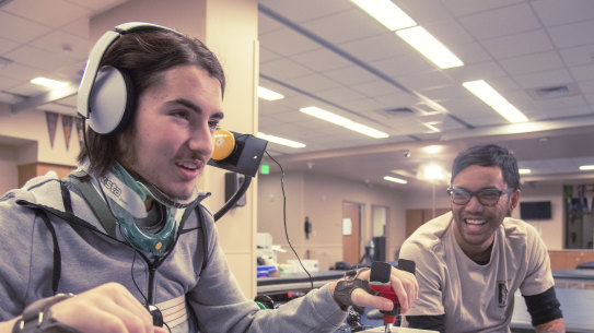 A gamer plays with the Xbox Adaptive Controller.