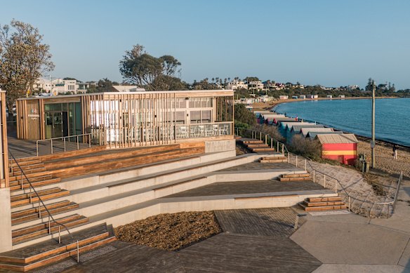 Beach House cafe and kiosk overlooks the colourful bathing boxes.