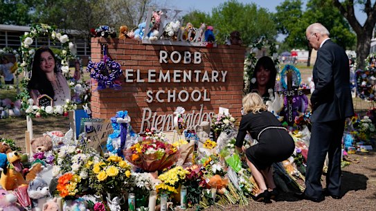 US President Joe Biden and first lady Jill Biden visit Robb Elementary School on Sunday to pay their respects to the victims of a mass shooting that claimed 21 lives.