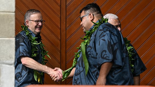 Prime Minister Anthony Albanese with Nauru Deputy Minister for Foreign Affairs and Trade Asterio Appi.