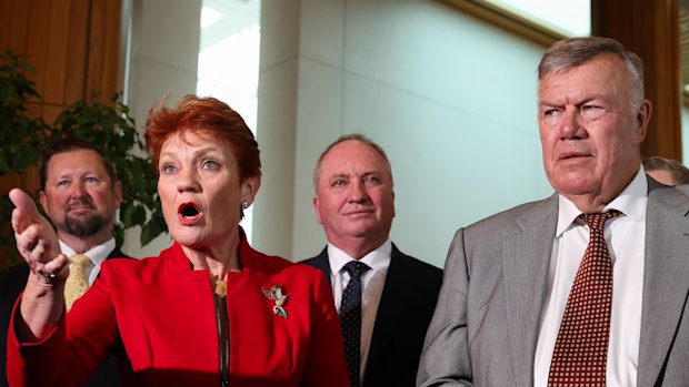 One Nation’s Pauline Hanson, member for Farrer David Farley and Barnaby Joyce.