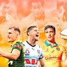 The 2003 NRL converts - Mat Rogers, Lote Tuqiri and Wendell Sailor - and the 2027 equivalents: Angus Crichton, Zac Lomax and Joseph-Aukuso Suaalii.