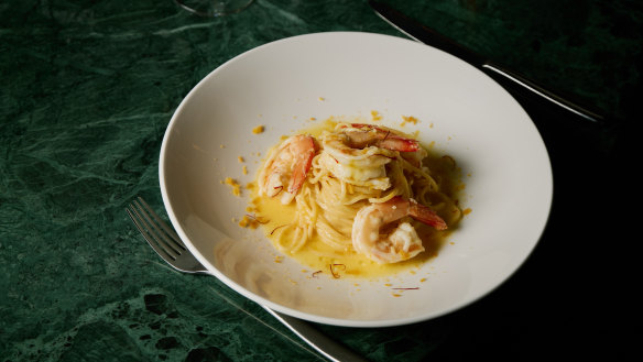 Saffron spaghettini with prawns, lemon butter and bottarga.