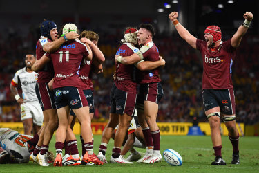 Queensland Reds celebrate victory during the round three Super Rugby Pacific match between Queensland Reds and Chiefs.