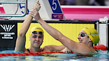 Shayna Jack and Meg Harris after the 50m freestyle final in Glasgow. 