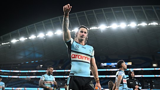 Cronulla Sharks Nicho Hynes exits Allianz Stadium.