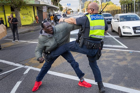 A mostly peaceful protest calling for action to be taken against the police officers who shot Abdifatah Ahmed dead in Footscray. His death caused deep grief in the African community, who called for additional community support in the area, instead of more police.