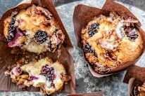 Blackberry and coconut cheesecake muffins.
