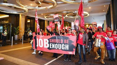 United Workers Union delegates marching  last month.