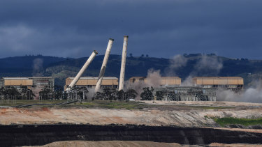 The eight chimneys on the former Hazelwood Power Station are demolished with explosives in May 2020. 