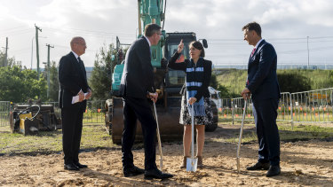 NSW Premier Gladys Berejiklian, NSW Treasurer Dominic Perrottet NSW and Transport Minister Andrew Constance turn the sod on the Metro West project.