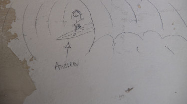 A cartoon of Andrew Castle on his surfboard that was discovered behind a kitchen cupboard.