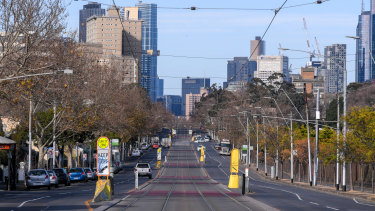 Lygon Street in Melbourne's Brunswick is deserted on Monday morning.
