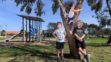 Rocco, 9, Reggie, 7, and Evie Moesch, 4, are among those excited for playgrounds to reopen at 11.59pm on Thursday. 