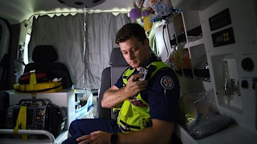 Trainee paramedic from Liverpool, Angus McGrath wearing the new vest equipped with a body camera.
