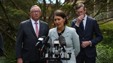 NSW Premier Gladys Berejiklian with NSW Health Minister Brad Hazzard and Treasurer Dominic Perrottet.
