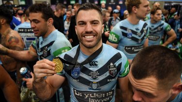 James Tedesco proudly displays the Wally Lewis Medal after the 2019 Origin series.
