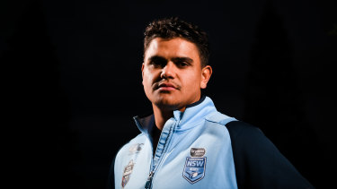 Relieved: Latrell Mitchell at the Blues training camp at Coogee on Sunday.