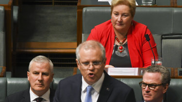 Ann Sudmalis reacts as she listens to Australian Prime Minister Scott Morrison during House of Representatives Question Time at Parliament House on Monday.