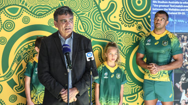 Gary Ella speaking about the Indigenous jersey at Rugby Australia headquarters on Thursday morning. 