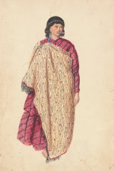 Joseph Jenner Merrett, Māori girl in cloak, 1845, pencil, watercolour, National Library of Australia, Canberra,  Rex Nan Kivell Collection.