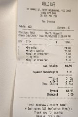Receipt for lunch at Apollo Cafe with Jon Faine.