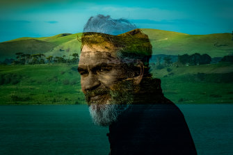 John Clarke at Lake Keilambete, with Mount Noorat in the background. 