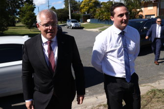 Prime Minister Scott Morrison and Ryan Shaw visit a Metricon homes site in Geebung in May last year, just days after the army veteran was selected as the LNP’s candidate for Lilley.