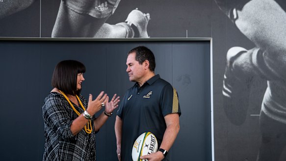 New boss: Raelene Castle and Rennie have a chat at RA headquarters. 