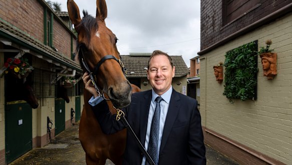 Tabcorp's managing director of wagering, Adam, Rytenskild with the Gai Waterhouse and Adrian Bott-trained Dorothy of OZ. 