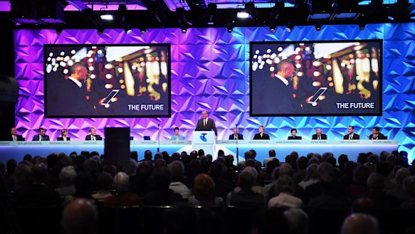 A huge 62 per cent of Telstra shareholders rejected the company’s executive bonus payments at the telco's AGM at the Hilton Hotel in Sydney.