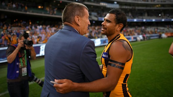 Jeff Kennett and Cyril Rioli in Rioli’s last season of AFL football, in 2018.
