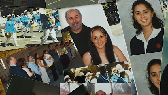 A collection of photos of Melanie James at the time she was in the band, including with alleged abuser John Harley (centre). 