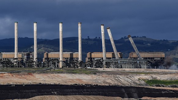 The chimneys of the former Hazelwood Power Station in the LaTrobe Valley, Victoria, were demolished on Monday this week.