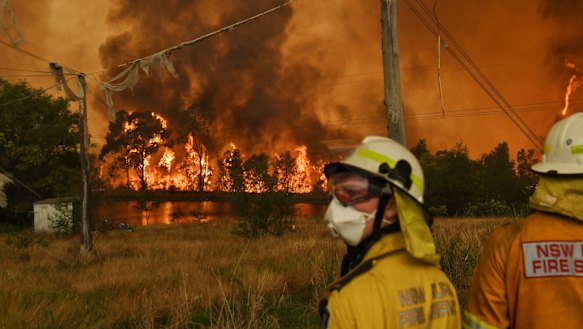 Members of the Rural Fire Service monitoring  the Gospers Mountain fire on the edge of Bilpin in the Blue Mountains last December. 