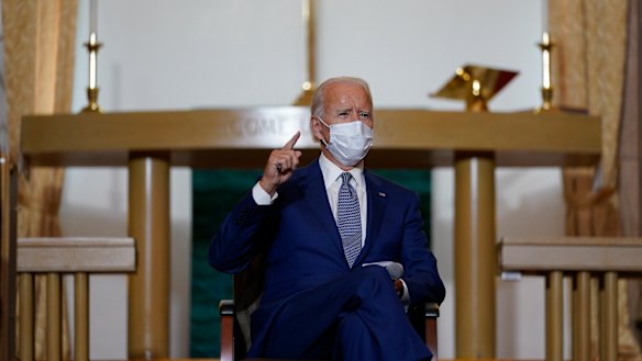 Democratic presidential candidate former vice-president Joe Biden meets with community members at Grace Lutheran Church in Kenosha, Wisconsin.