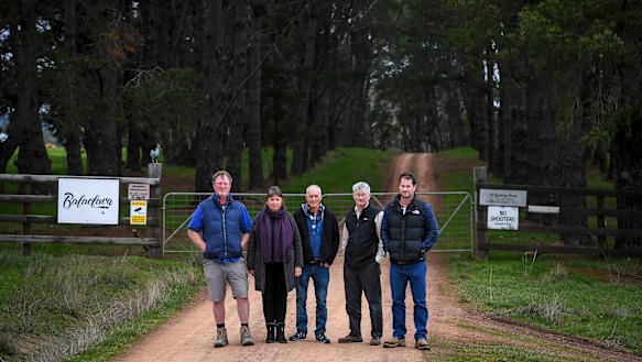 Lindsay Mates, Jillian Ah Ling, Stan Stevens, Mike Guerin and Ryan Macwhirter outside Tom Zhou's property 'Balaclava'.
