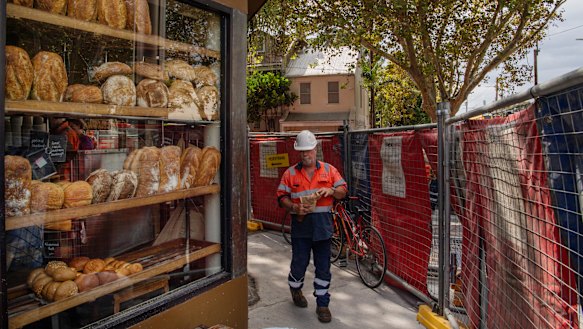 Noise curtains just over a metre away from the well-known Bourke Street Bakery in Surry Hills.
