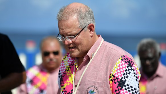 Scott Morrison in Funafuti, Tuvalu, where Australia succeeded in its push to not have the term "climate change crisis" in the communique.