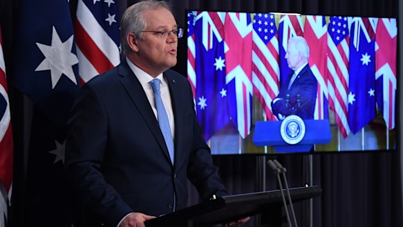 Prime Minister Scott Morrison appeared with US President Joe Biden and British Prime minister Boris Johnson at the rare joint virtual press conference. 