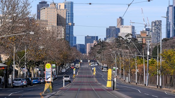 Lygon Street in Melbourne's Brunswick is deserted on Monday morning.