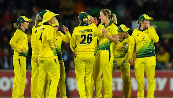 Ellyse Perry celebrates a wicket for Australia at Manuka Oval last month.