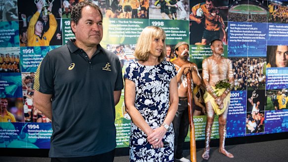 Dave Rennie and wife Steph at the coach's official welcome to the Wallabies in January. 